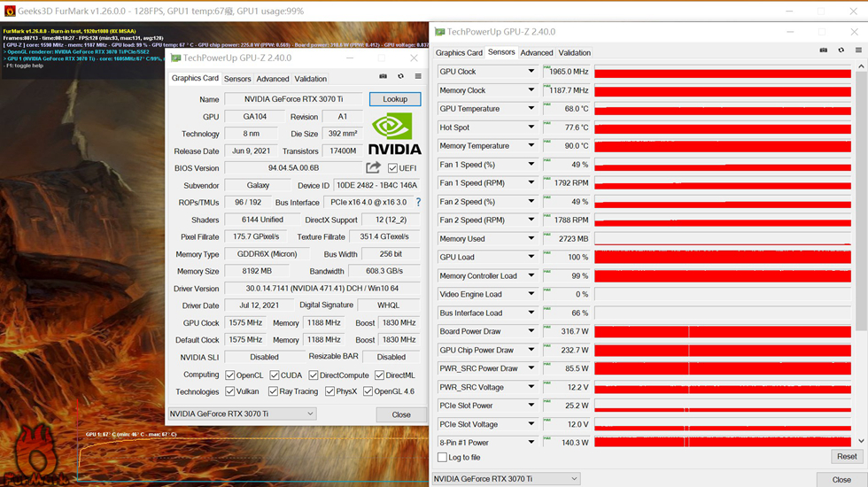 7w 与标称的 tgp310w 基本一致3dmark time spy extreme 跑分 6874