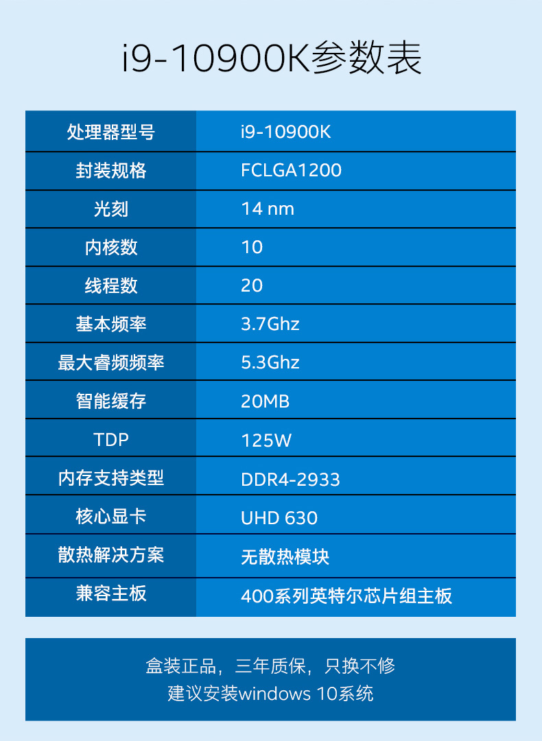 intel英特爾酷睿i910900k盒裝處理器